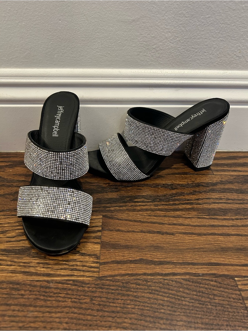 Jeffrey Campbell Silver Crystal-Strap Block Heel Mules